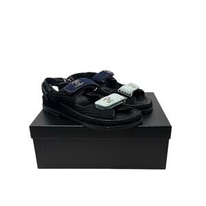 Chanel Dad Sandals CC Chain Logo Blue Two Tone Knit Flat Slingback Size 37